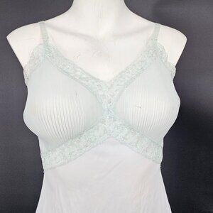 Vintage 70s Full Slip Dress Medium 36A Green Nylon Lace Pleated Hem Lingerie